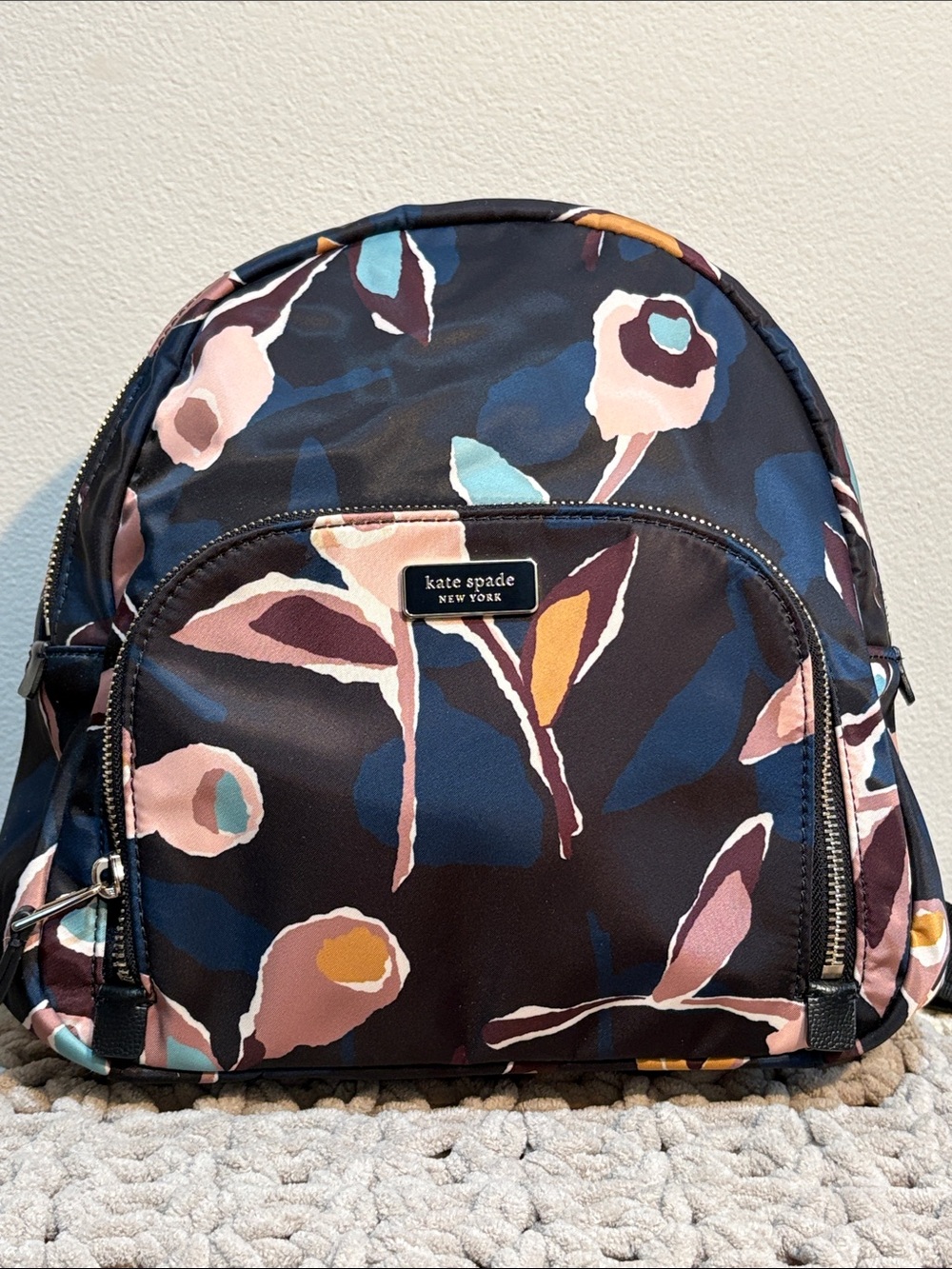 kate spade black with multicolor abstract floral backpack